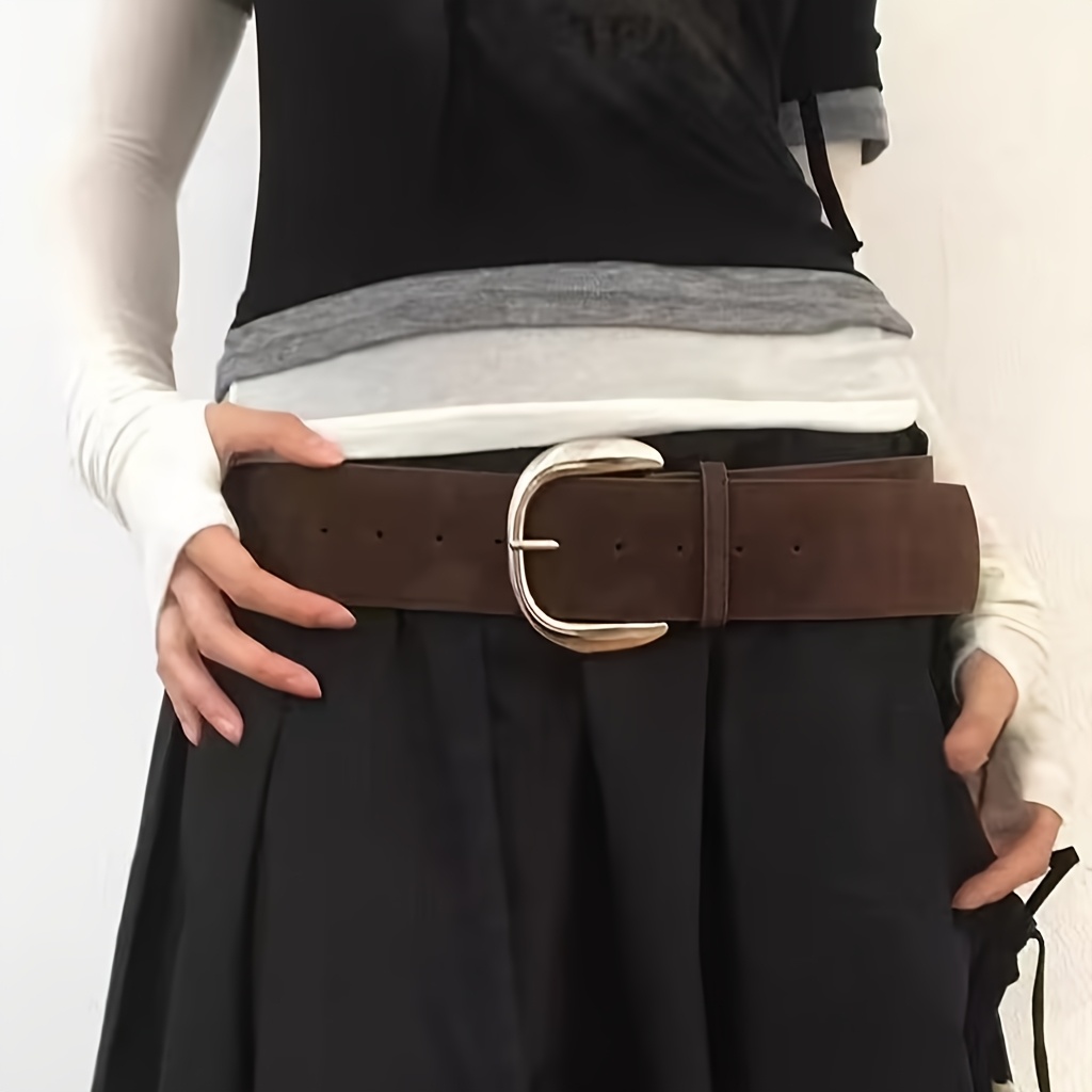 Women's Western Waist Belt Beige Velvet PU Leather Chain Retro Large Button